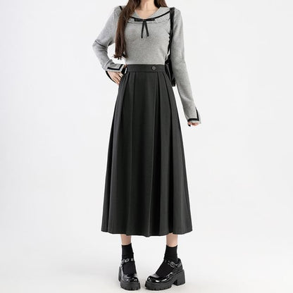 High Rise Plain Pleated Midi A-Line Skirt