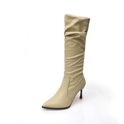 Pointed Toe Boots Plain Leather Faux High Heel Tall