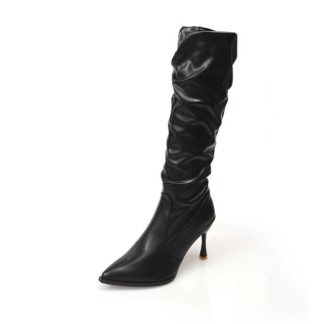 Pointed Toe Boots Plain Leather Faux High Heel Tall