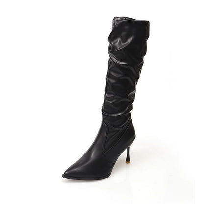 Pointed Toe Boots Plain Leather Faux High Heel Tall