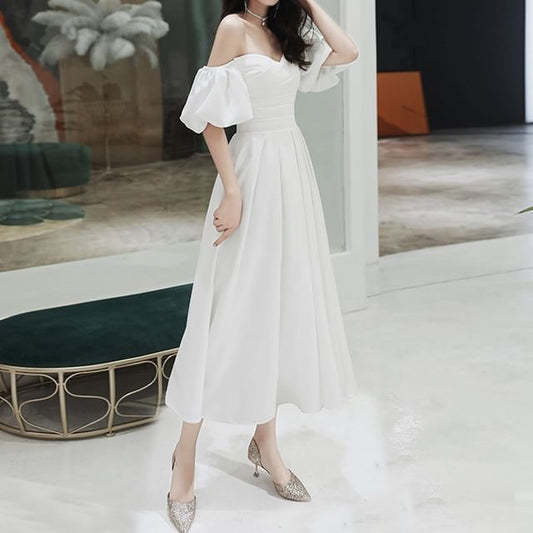Gown / Dress Wedding A-Line Plain Midi Puff-Sleeve Off-Shoulder