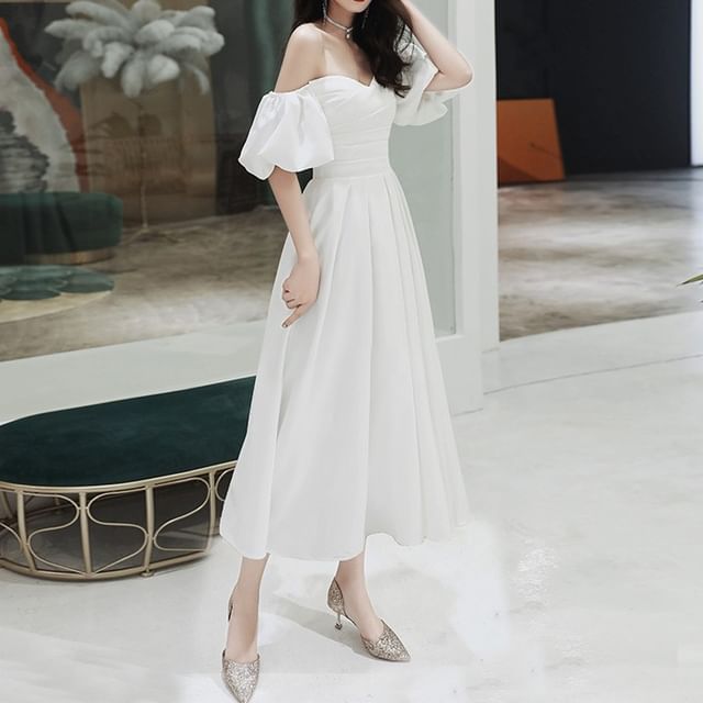 Puff-Sleeve Off-Shoulder Plain A-Line Wedding Gown / Midi Dress