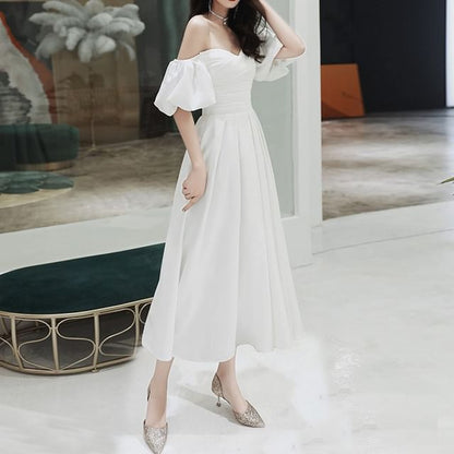 Puff-Sleeve Off-Shoulder Plain A-Line Wedding Gown / Midi Dress