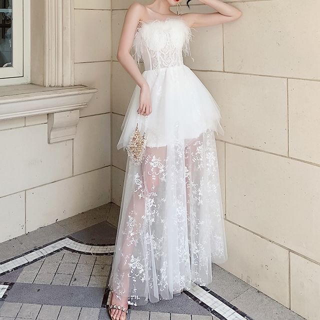 Strapless Fluffy Trim Mesh Maxi Corset A-Line Wedding Dress