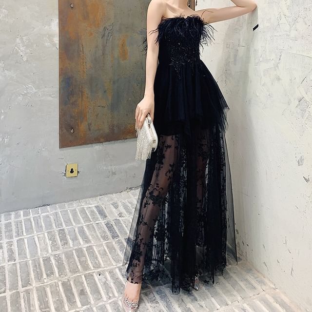 Strapless Fluffy Trim Mesh Maxi Corset A-Line Wedding Dress