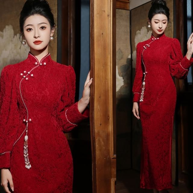 Long-Sleeve Stand Collar Beaded Frog Buttoned Slit Lace Maxi Sheath Qipao
