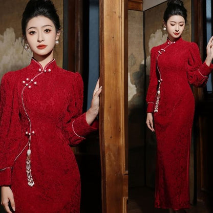 Long-Sleeve Stand Collar Beaded Frog Buttoned Slit Lace Maxi Sheath Qipao