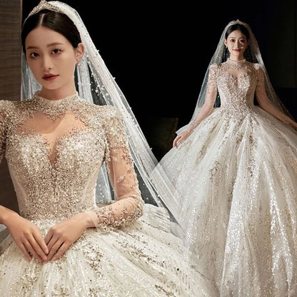 Long-Sleeve Mock Neck Embellished Wedding Ball Gown