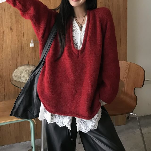 Long-Sleeve Lace Sweater with V-Neck Design