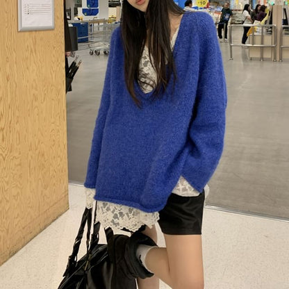 Long-Sleeve Lace Sweater with V-Neck Design