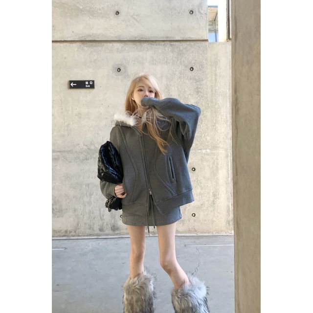 Glitter Furry-Trim Hooded Sweatshirt Jacket / Mini Skirt