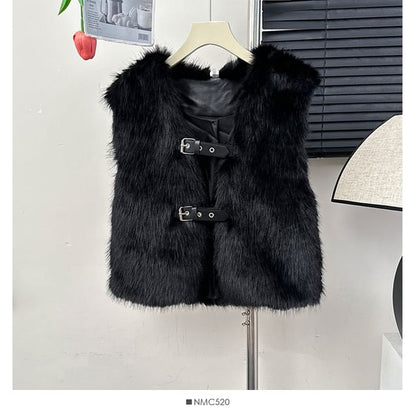 Buckled Faux-Fur V-Neck Vest Jacket