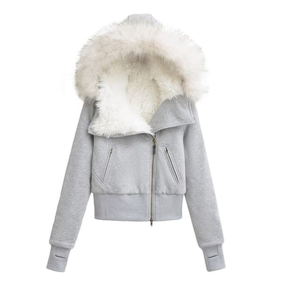Long Sleeve Plain Fleeced Furry-Trim Hooded Zip-Up Jacket
