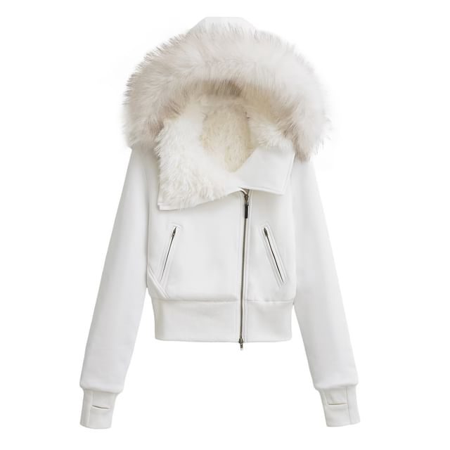 Long Sleeve Plain Fleeced Furry-Trim Hooded Zip-Up Jacket