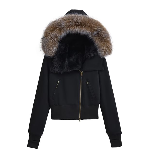 Long Sleeve Plain Fleeced Furry-Trim Hooded Zip-Up Jacket