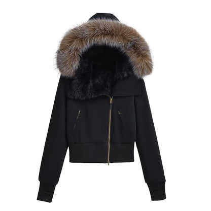 Long Sleeve Plain Fleeced Furry-Trim Hooded Zip-Up Jacket