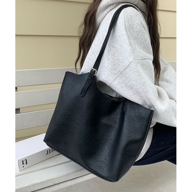 Faux Leather Tote Bag With Pouch