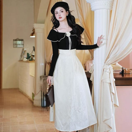 Set: Long-Sleeve Collared Top + High Rise Midi A-Line Skirt