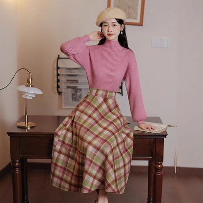 Set: Mock Neck Plain Sweater + High Rise Plaid Midi A-Line Skirt
