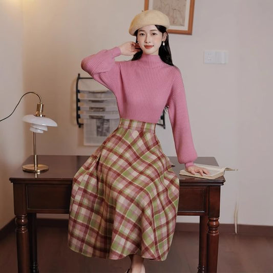 Set: Mock Neck Plain Sweater + High Rise Plaid Midi A-Line Skirt