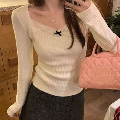 Square Neck Lace Trim Crop Top with Long Sleeves
