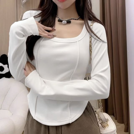 Long-Sleeve Square Neck Plain Top