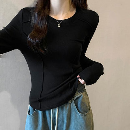 Long-Sleeve Crewneck Plain Top