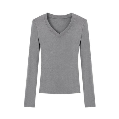 Long-Sleeve V-Neck Plain T-Shirt