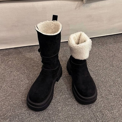 Fur Mid Calf Buckled Faux Boots