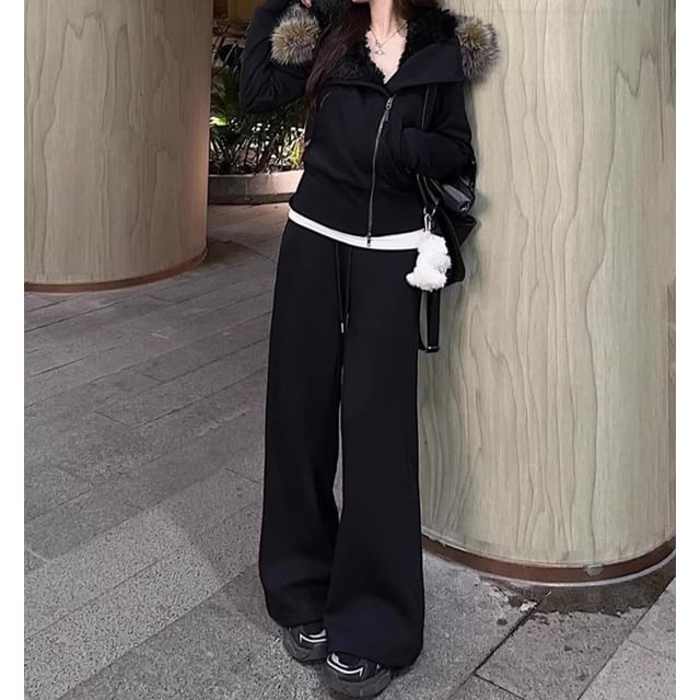 Fluffy Hooded Plain Zip Jacket / Mid Rise Plain Wide Leg Pants