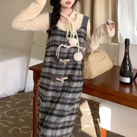 Long Sleeve Tie Neck Plain Pom Pom Top / Plaid Maxi A-Line Dungaree Dress