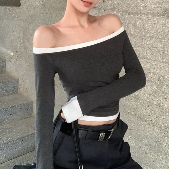 Long Sleeve Off Shoulder Contrast Trim Top