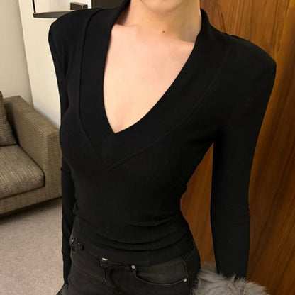 Long Sleeve V-Neck Plain T-Shirt