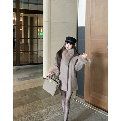 Oversized Detachable Furry-Trim Wool Jacket