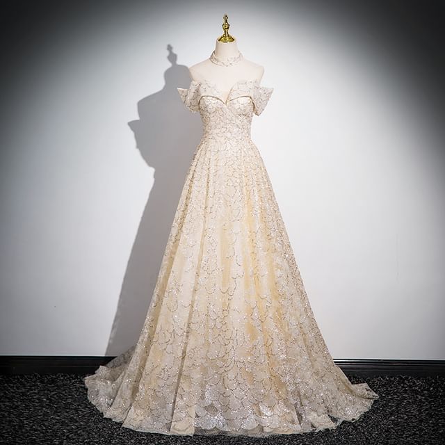 Gown Sleeveless Off A-Line Evening Patterned Shoulder