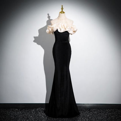 Trumpet Cold Panel Evening Gown Mesh Sleeveless Ruched Sequin Shoulder