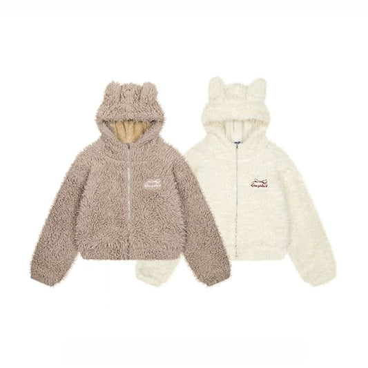 Bow Embroidered Rabbit Ear Hooded Fluffy Zip Jacket