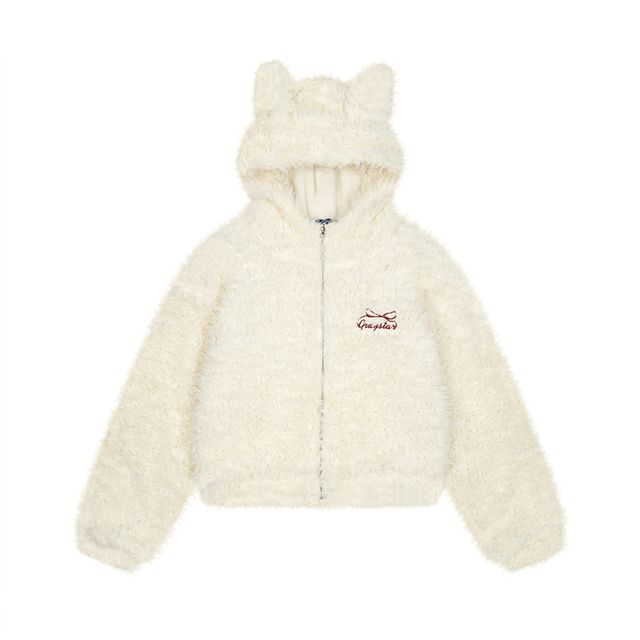 Bow Embroidered Rabbit Ear Hooded Fluffy Zip Jacket