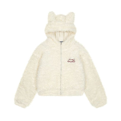 Bow Embroidered Rabbit Ear Hooded Fluffy Zip Jacket