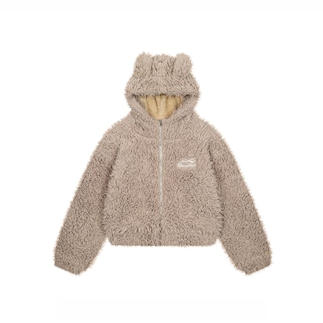 Bow Embroidered Rabbit Ear Hooded Fluffy Zip Jacket