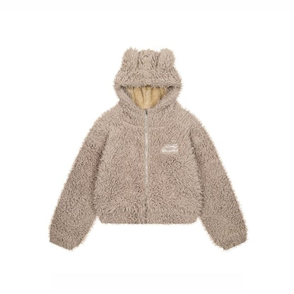 Bow Embroidered Rabbit Ear Hooded Fluffy Zip Jacket