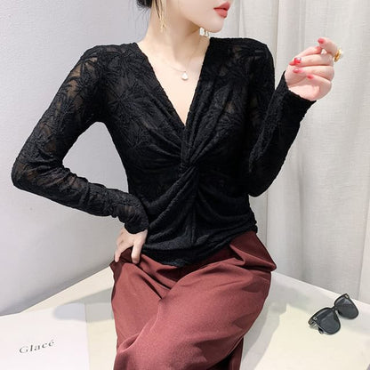 V-Neck Knotted Lace Top with Long Sleeves