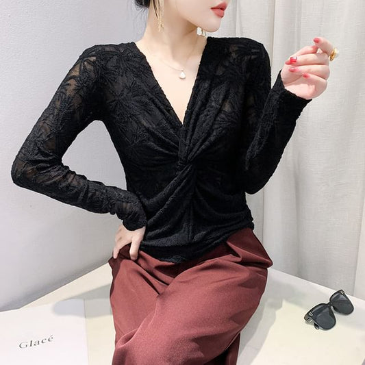 V-Neck Knotted Lace Top with Long Sleeves