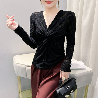 V-Neck Knotted Lace Top with Long Sleeves