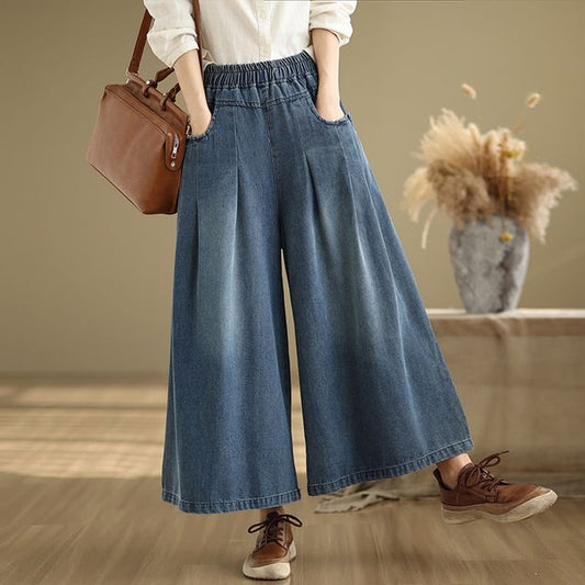 Elastic Waist Washed Pleated Denim Culottes