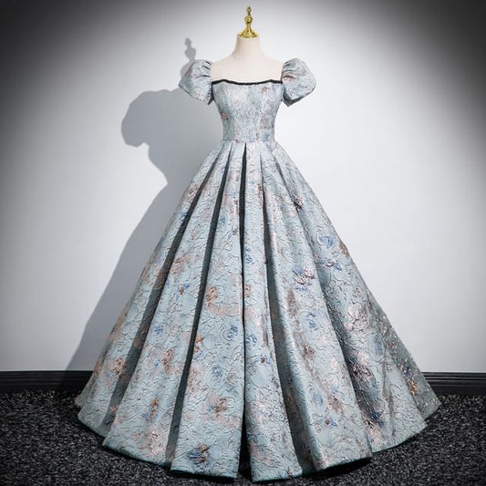 Evening Pleated A-Line Sleeve Puff Jacquard Square Neck Gown