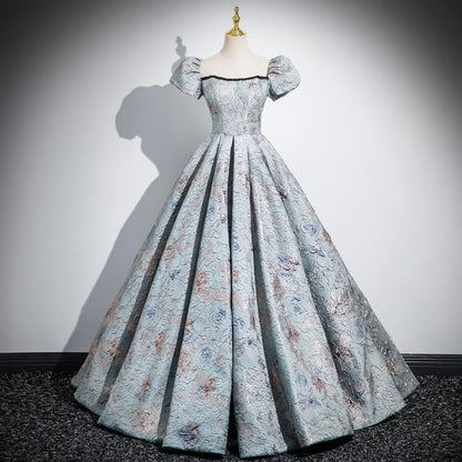 Puff Sleeve Square Neck Pleated Jacquard A-Line Evening Gown