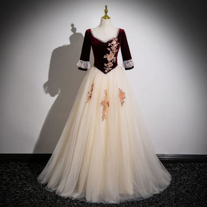 Panel Applique Floral Gown A-Line V-Neck Mesh Beaded Evening Velvet 3/4-Sleeve