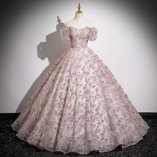 Shoulder Gown Off Evening Puff A-Line Mesh Embroidered Floral Sleeve