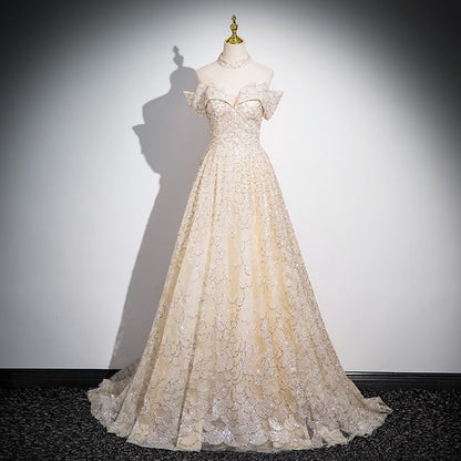 Gown Sleeveless Off A-Line Evening Patterned Shoulder